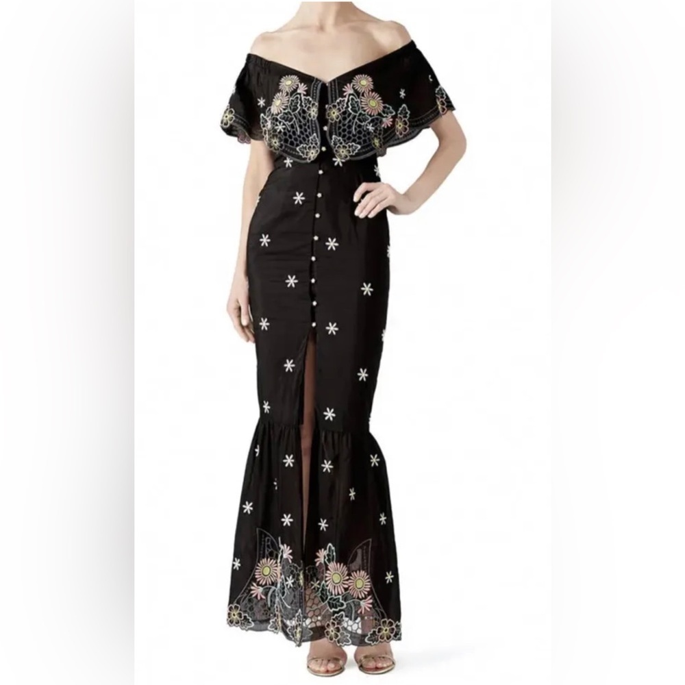 RTR Alice McCALL Honeycomb Daisy Embroidered Maxi Dress off shoulder black SZ 2